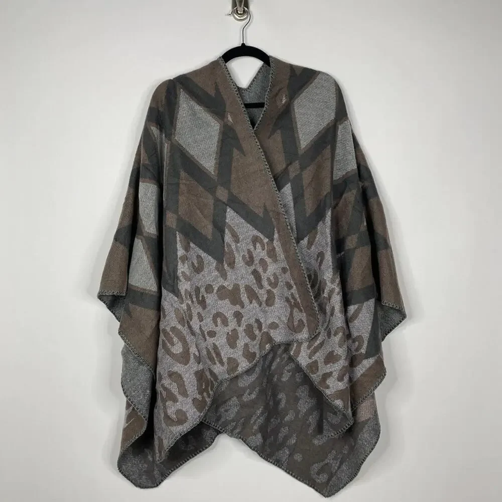 2/$30 NEW Boho Diamond Cheetah Ruana Oversized Open Wrap Poncho Blanket Scarf
